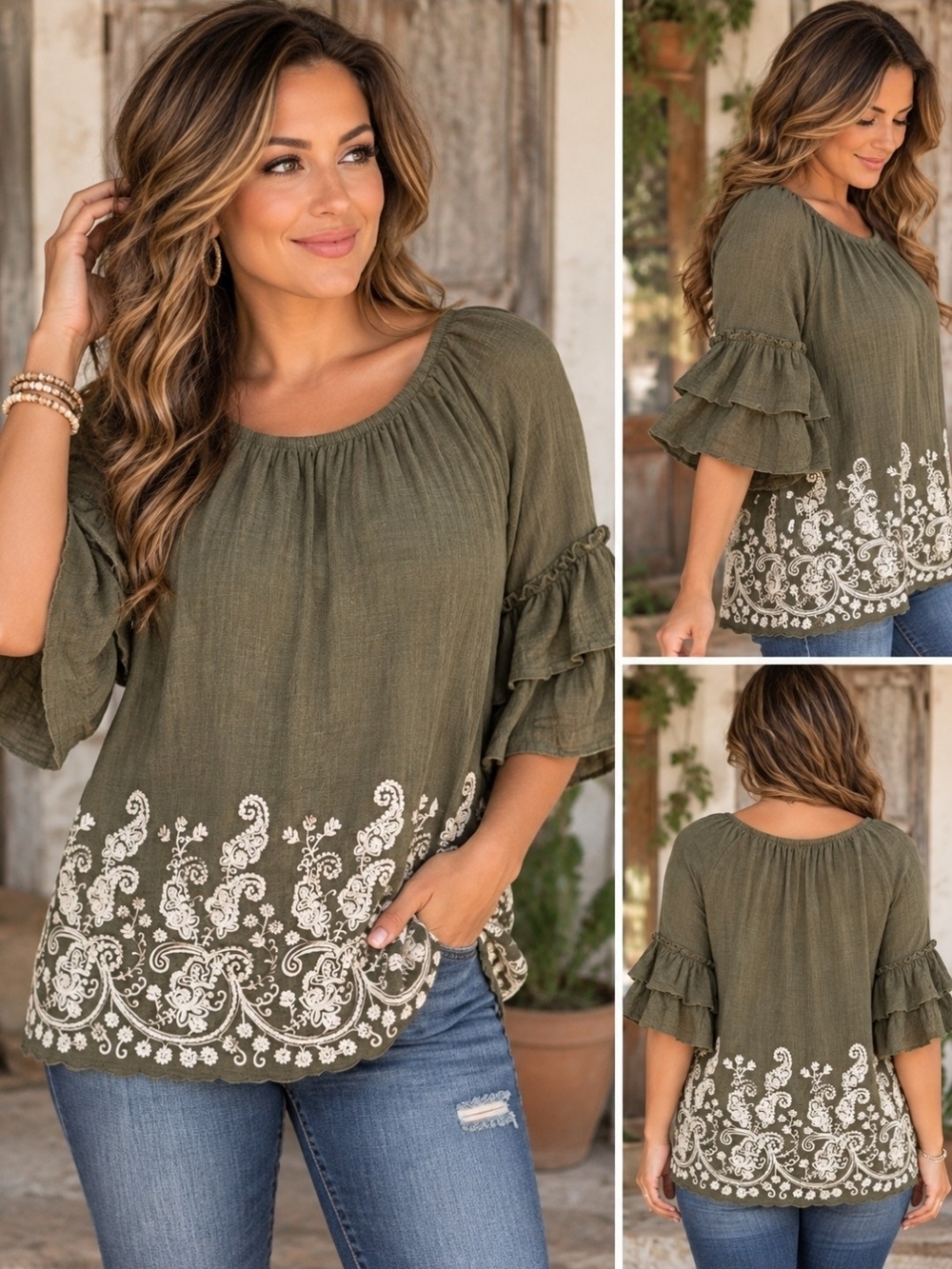 Embroidered Paisley Boho Bell Sleeve Blouse Size- Lg-Xl